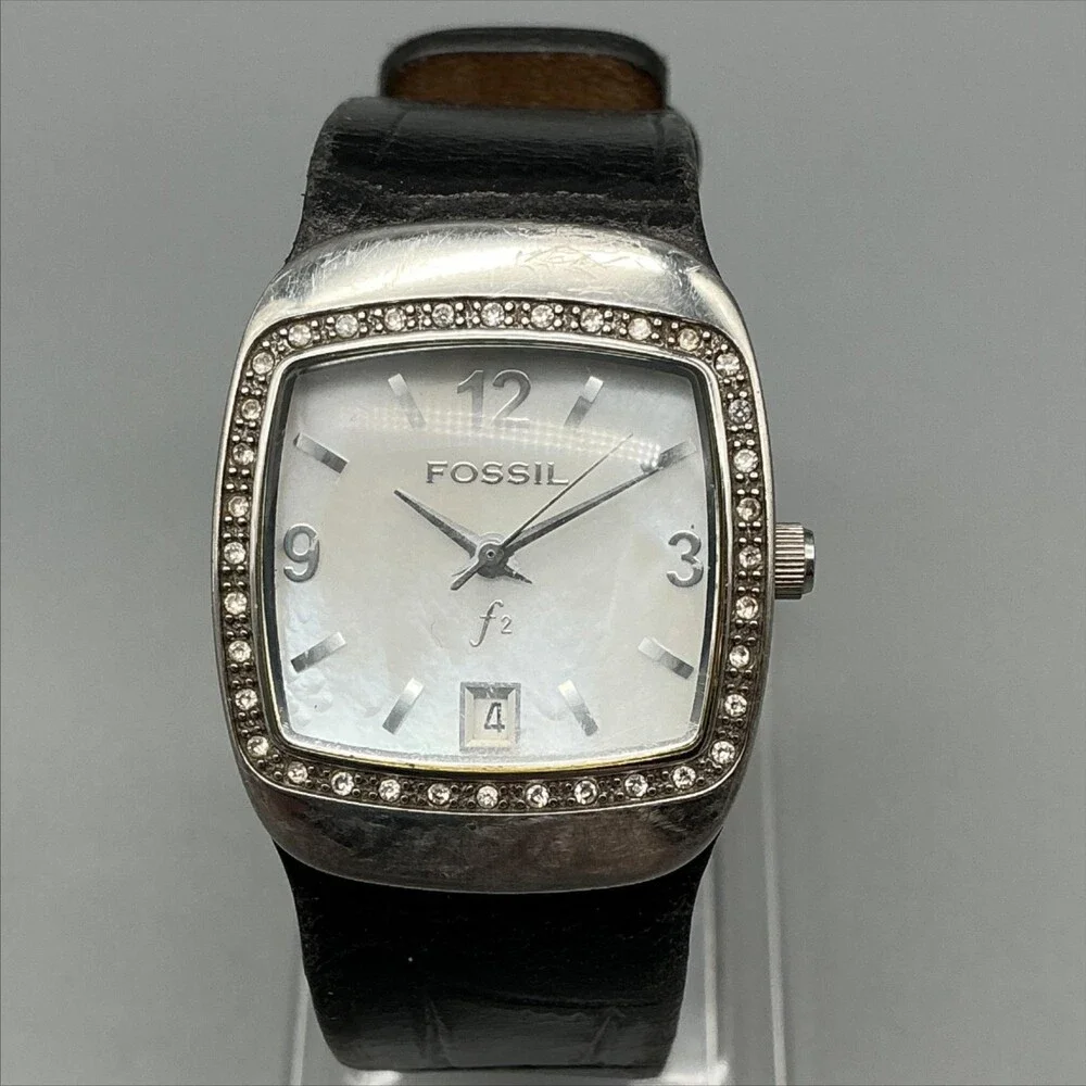 Fossil F2 ES-9719 Womens Watch 25mm MOP Dial Black Leather New Battery